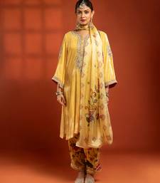 Yellow embroidered silk kurta set