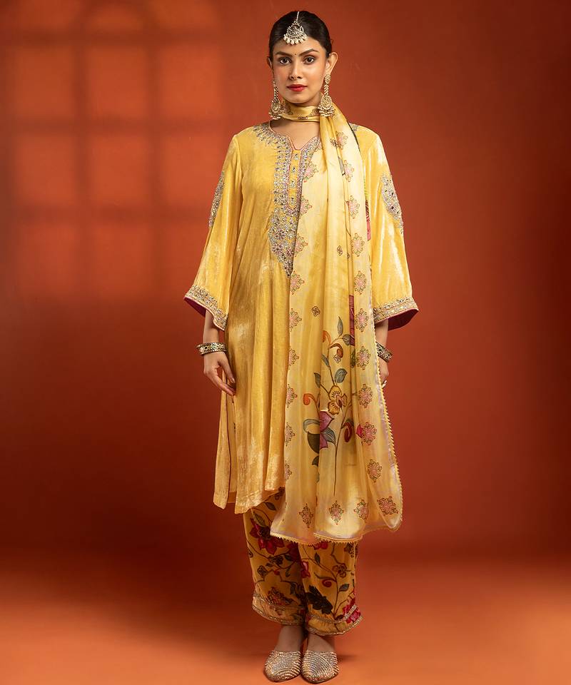 Yellow embroidered silk kurta set