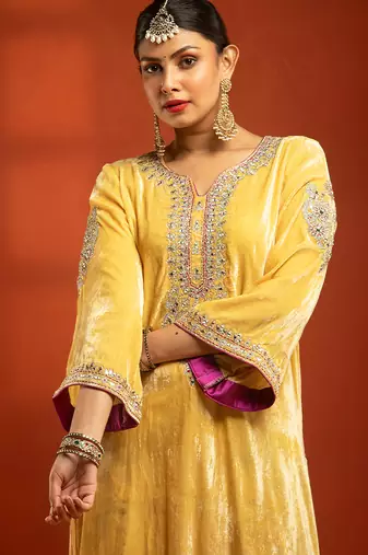 Yellow embroidered silk kurta set