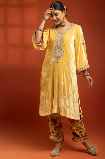 Yellow embroidered silk kurta set