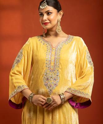 Yellow embroidered silk kurta set 4