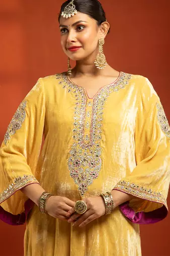 Yellow embroidered silk kurta set