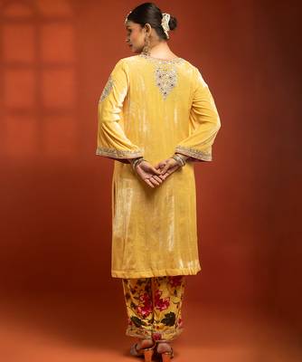 Yellow embroidered silk kurta set 5