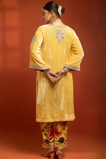 Yellow embroidered silk kurta set