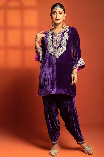 Purple embroidered silk kurta set