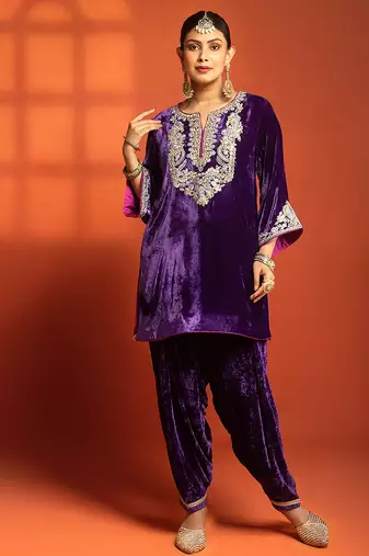 Purple embroidered silk kurta set