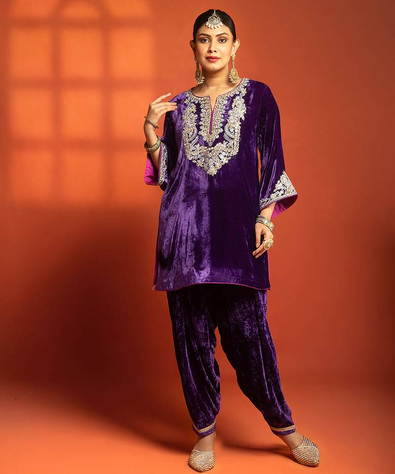 Purple embroidered silk kurta set