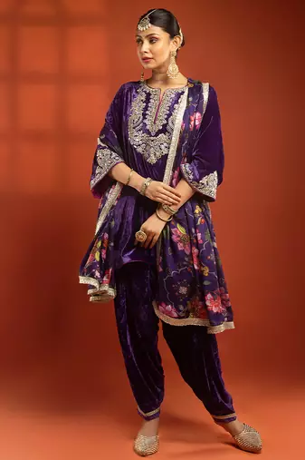 Purple embroidered silk kurta set