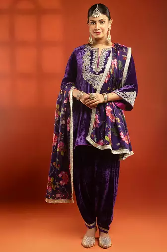 Purple embroidered silk kurta set