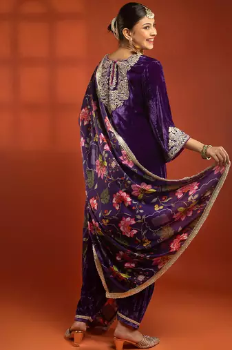 Purple embroidered silk kurta set