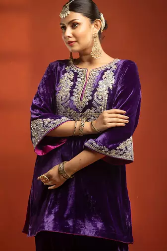 Purple embroidered silk kurta set