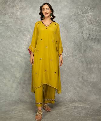 Mustard embroidered crepe kurta set 1