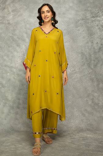 Mustard embroidered crepe kurta set