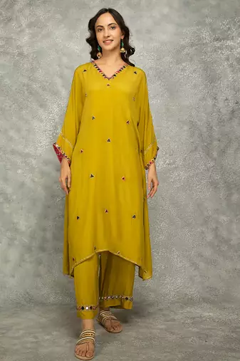 Mustard embroidered crepe kurta set