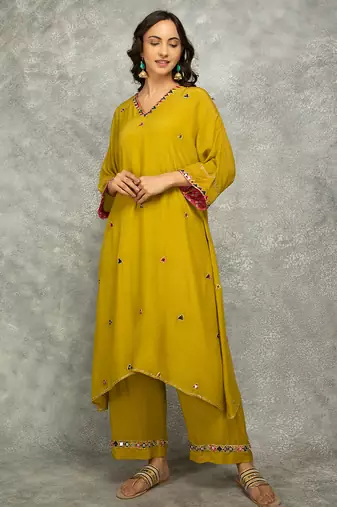 Mustard embroidered crepe kurta set