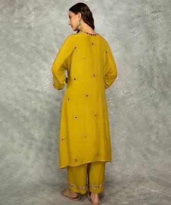 Mustard embroidered crepe kurta set 3