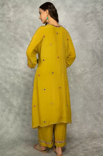 Mustard embroidered crepe kurta set