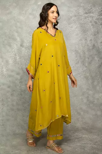 Mustard embroidered crepe kurta set