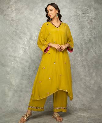 Mustard embroidered crepe kurta set 5