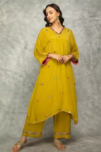 Mustard embroidered crepe kurta set