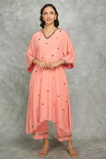 Peach embroidered crepe kurta set