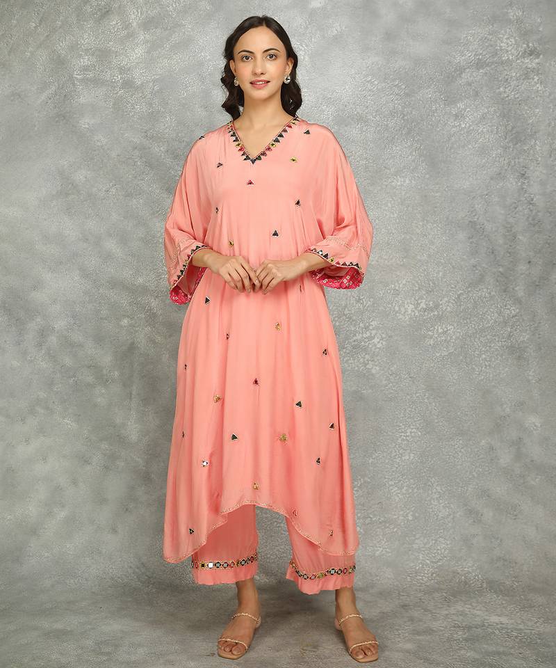 Peach embroidered crepe kurta set