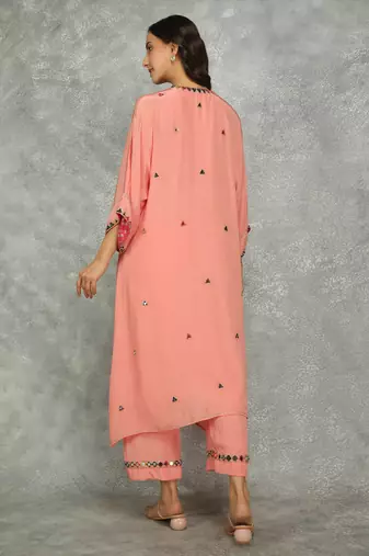 Peach embroidered crepe kurta set