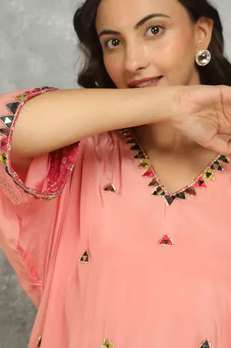Peach embroidered crepe kurta set