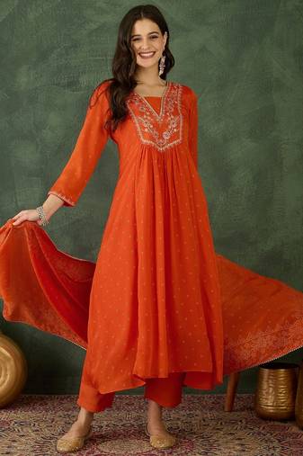 Women's Gorgeous Embroidery Chinon Fabric Flared Kurta Pant and Dupatta Set