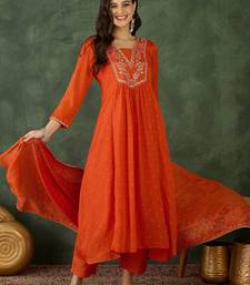 Women's Gorgeous Embroidery Chinon Fabric Flared Kurta Pant and Dupatta Set
