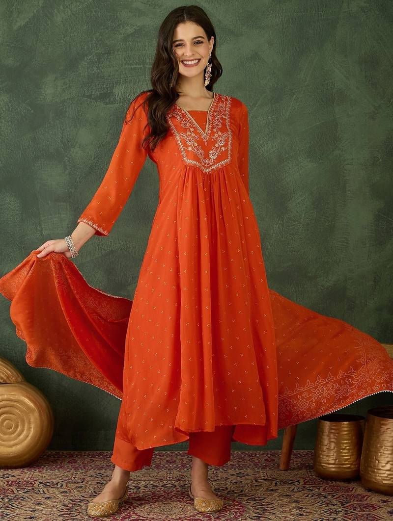 Women's Gorgeous Embroidery Chinon Fabric Flared Kurta Pant and Dupatta Set