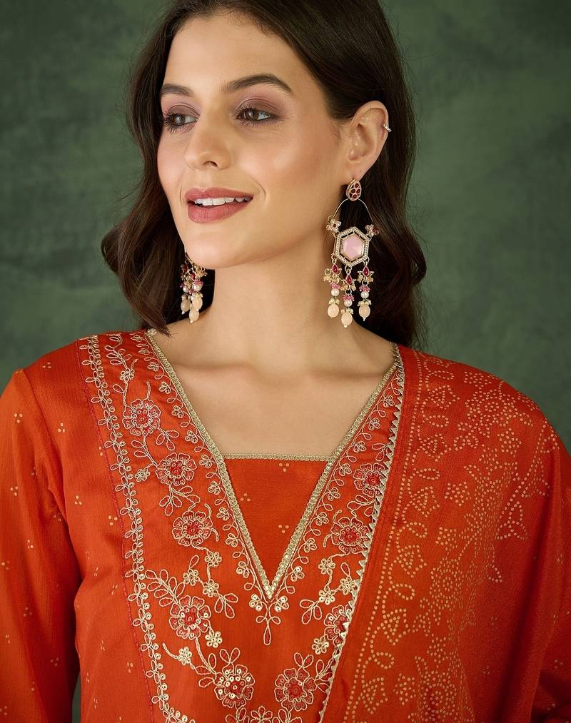 Women's Gorgeous Embroidery Chinon Fabric Flared Kurta Pant and Dupatta Set