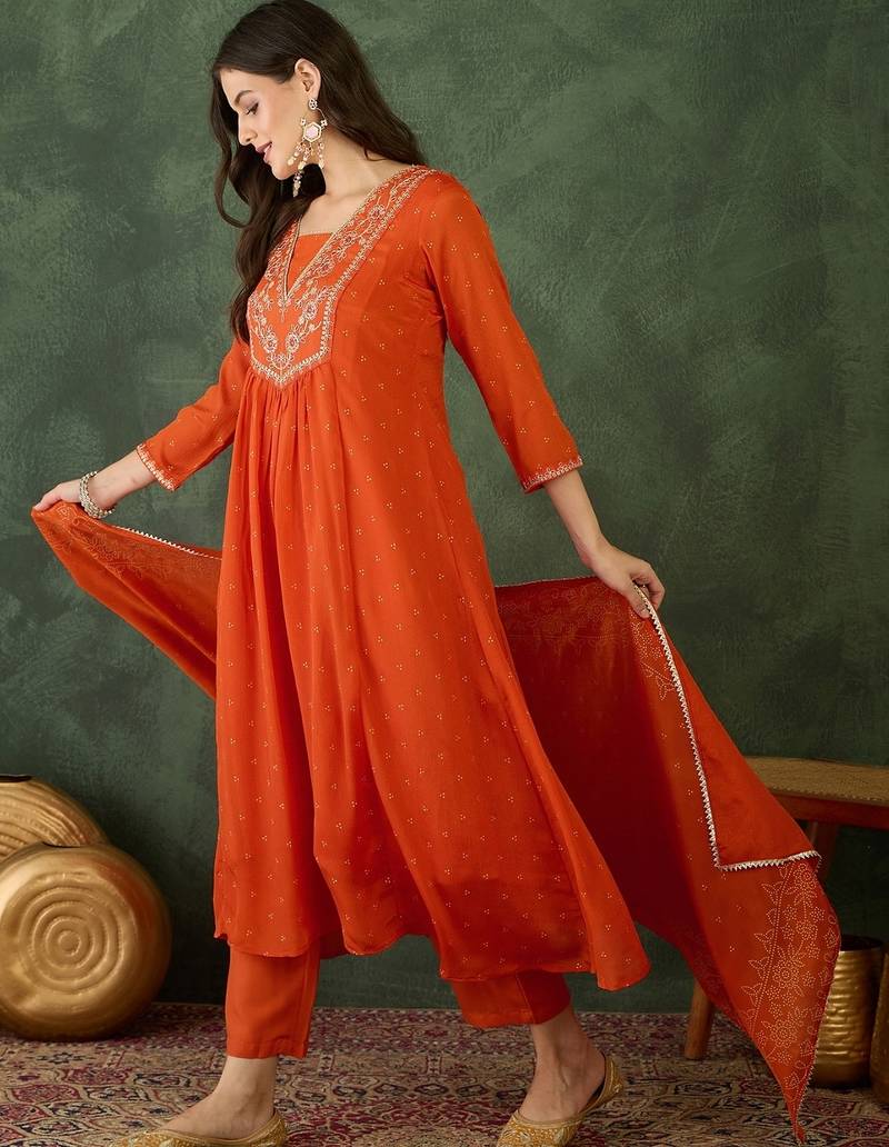 Women's Gorgeous Embroidery Chinon Fabric Flared Kurta Pant and Dupatta Set
