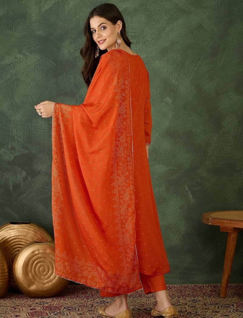 Women's Gorgeous Embroidery Chinon Fabric Flared Kurta Pant and Dupatta Set