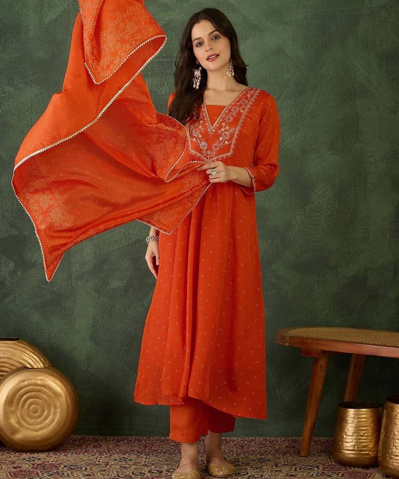 Women's Gorgeous Embroidery Chinon Fabric Flared Kurta Pant and Dupatta Set