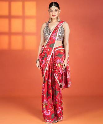 Red  floral printed crepe saree 1