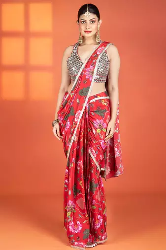 Red  floral printed crepe saree
