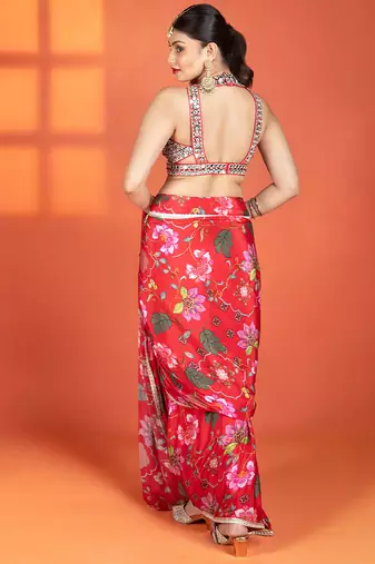 Red  floral printed crepe saree