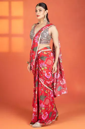 Red  floral printed crepe saree