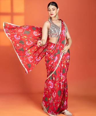 Red  floral printed crepe saree 4