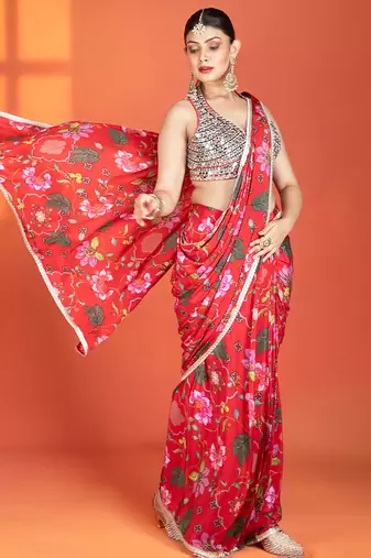 Red  floral printed crepe saree