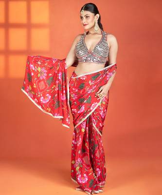 Red  floral printed crepe saree 5