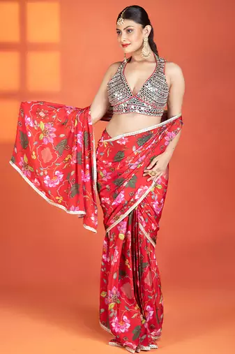 Red  floral printed crepe saree