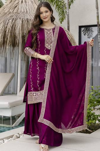 Beautiful Embroidered Vichitra Silk Fabric Straight Kurta, Palazzo and Dupatta Set