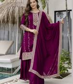 Beautiful Embroidered Vichitra Silk Fabric Straight Kurta, Palazzo and Dupatta Set