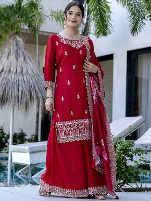 Women's Gorgeous Embroidery Vichitra Silk Fabric Straight Kurta, Sharara and Dupatta Set 1
