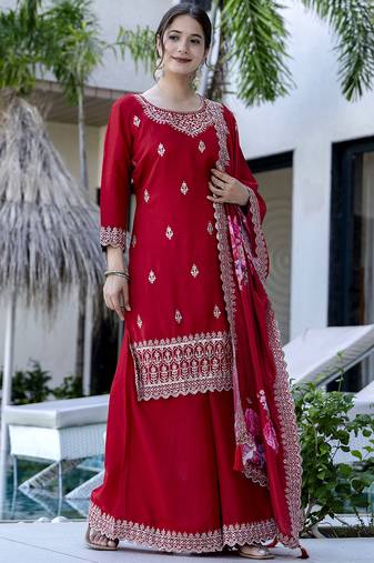 Women's Gorgeous Embroidery Vichitra Silk Fabric Straight Kurta, Sharara and Dupatta Set