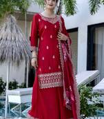 Women's Gorgeous Embroidery Vichitra Silk Fabric Straight Kurta, Sharara and Dupatta Set