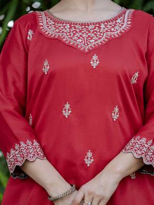 Women's Gorgeous Embroidery Vichitra Silk Fabric Straight Kurta, Sharara and Dupatta Set 2