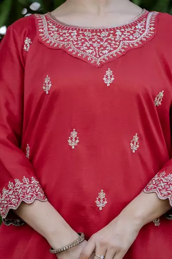 Women's Gorgeous Embroidery Vichitra Silk Fabric Straight Kurta, Sharara and Dupatta Set